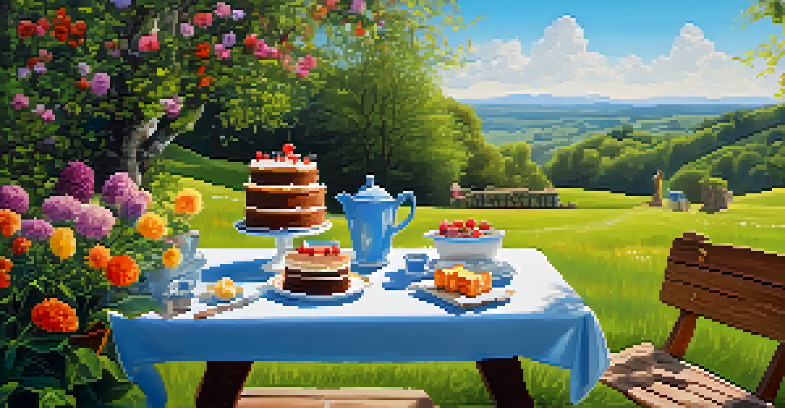 A person enjoying a slice of cake and tea at a picnic table in a flower-filled garden, celebrating a small win.