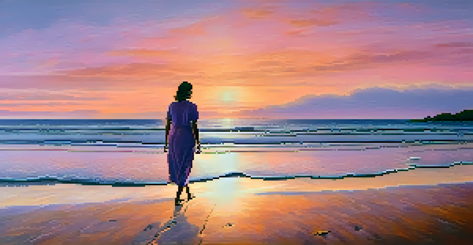 A person walking mindfully on a beach at sunset with colorful skies and waves.