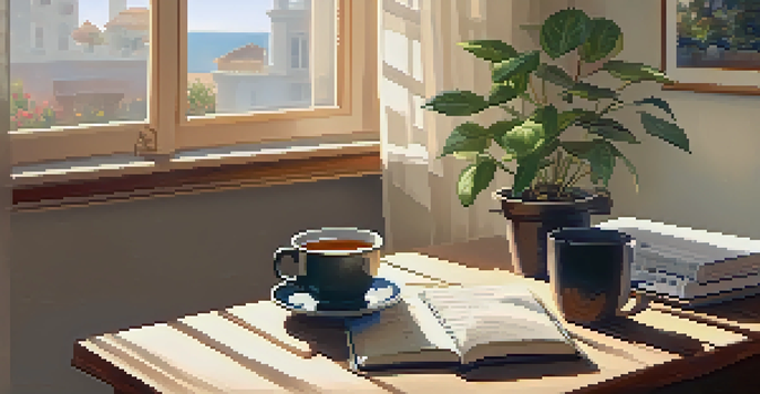 A peaceful workspace with a wooden desk, an open notebook, a cup of tea, and soft morning light coming through a window.