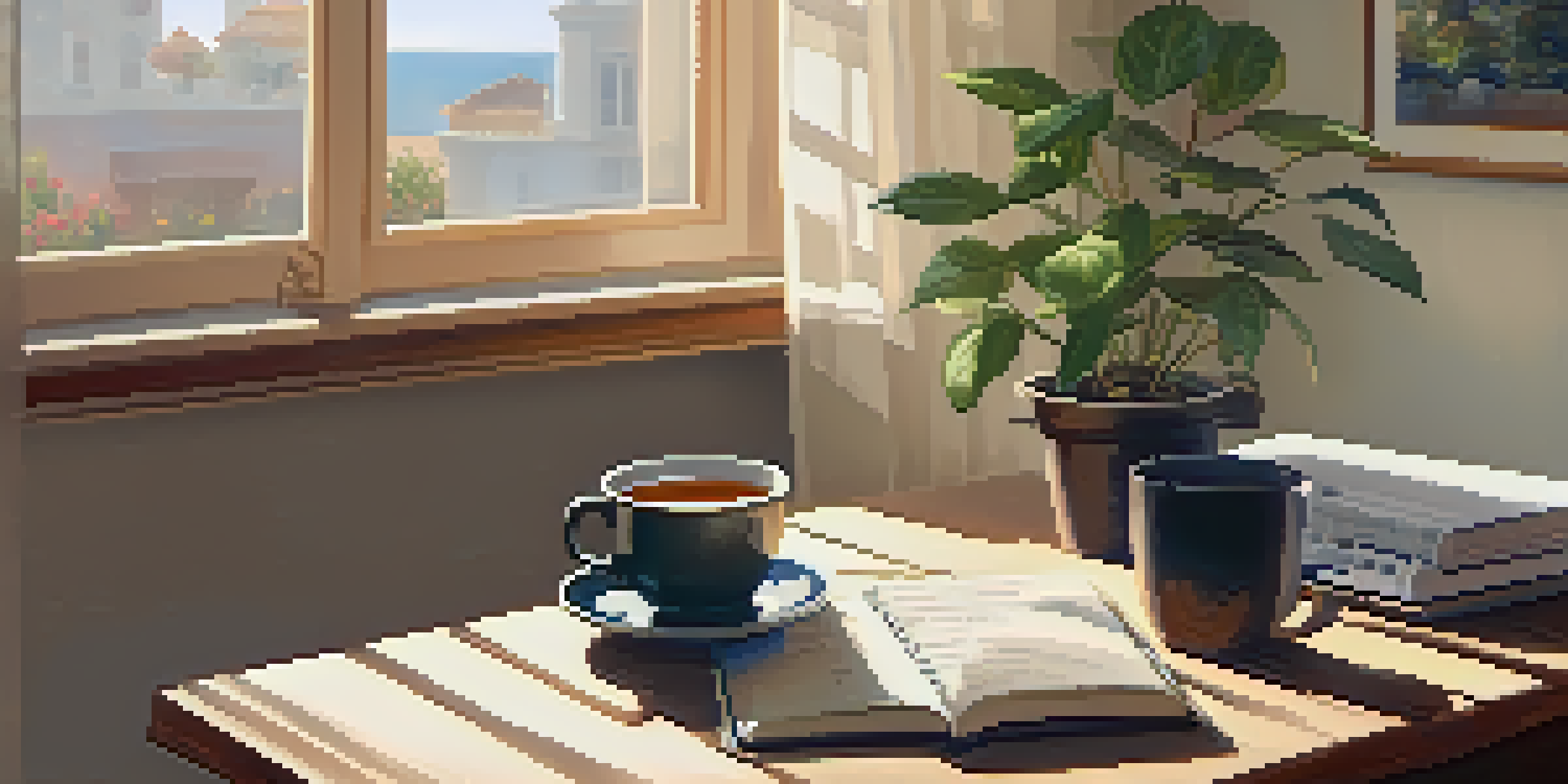 A peaceful workspace with a wooden desk, an open notebook, a cup of tea, and soft morning light coming through a window.