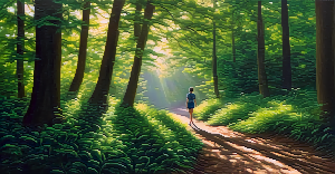 A person walking on a winding path through a green forest, with sunlight filtering through the trees, representing personal growth and journey.