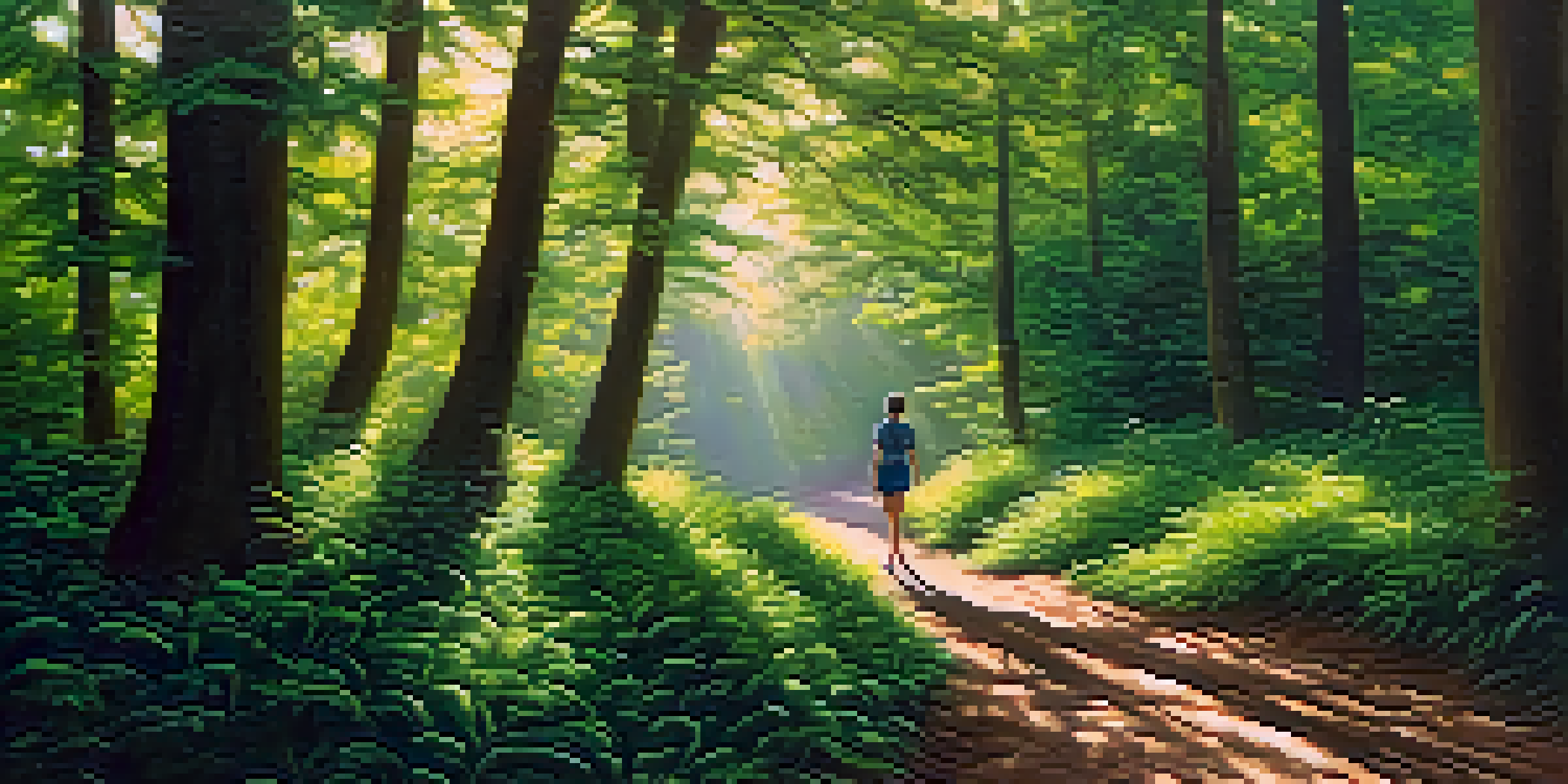 A person walking on a winding path through a green forest, with sunlight filtering through the trees, representing personal growth and journey.