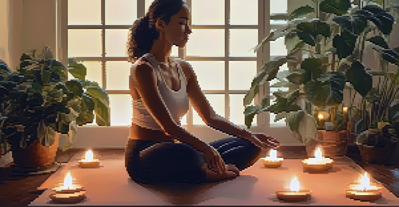 A person sitting on a yoga mat, practicing deep breathing with candles and plants around them.