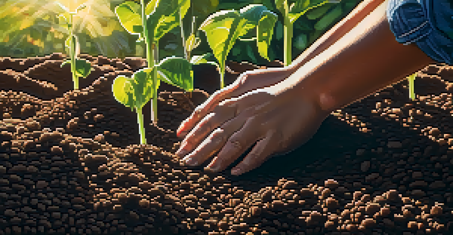 Close-up of hands planting a seed in soil, with sunlight, representing growth and nurturing potential.