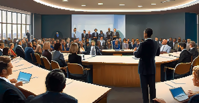 A confident public speaker presenting to an engaged audience in a modern conference room, with warm lighting and expressive gestures.