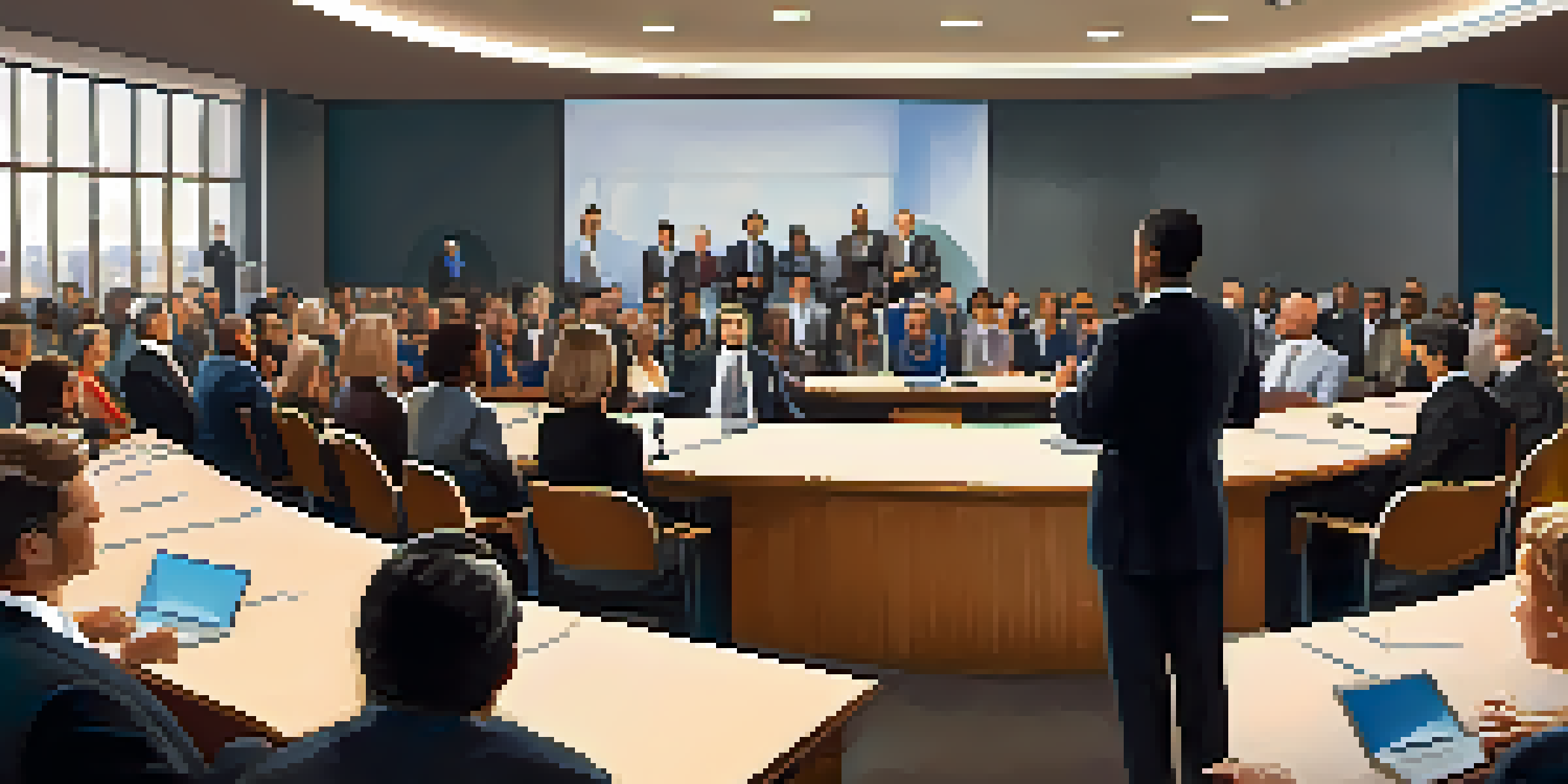 A confident public speaker presenting to an engaged audience in a modern conference room, with warm lighting and expressive gestures.
