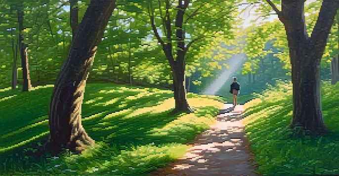 A person walking on a winding path in a green forest, sunlight filtering through the leaves.