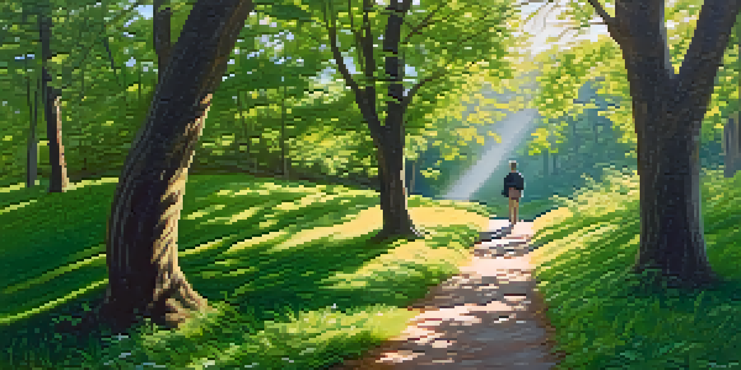 A person walking on a winding path in a green forest, sunlight filtering through the leaves.