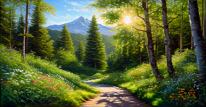 A winding path through a green forest with sunlight filtering through the leaves, and colorful wildflowers along the sides.