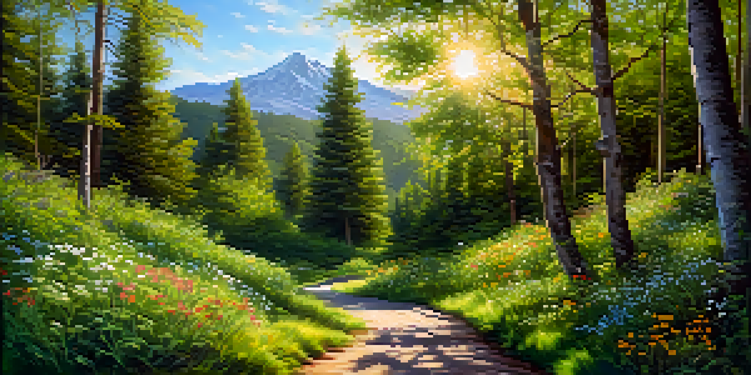 A winding path through a green forest with sunlight filtering through the leaves, and colorful wildflowers along the sides.