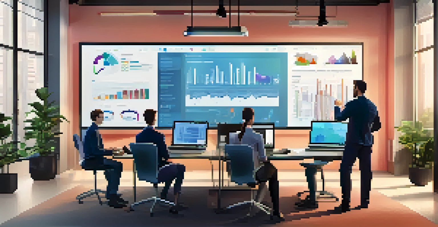 A modern office workspace showing team members collaborating around a large screen with data analytics, surrounded by laptops and digital tools.