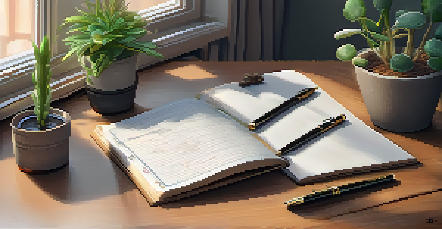 A cozy workspace with an open journal, potted plants, a cup of tea, and motivational quotes on the wall, inviting creativity.