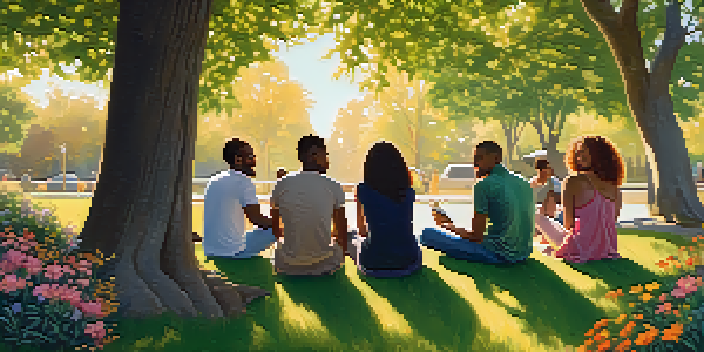 A diverse group of individuals enjoying each other's company in a sunlit park, surrounded by nature, symbolizing friendship and social support.