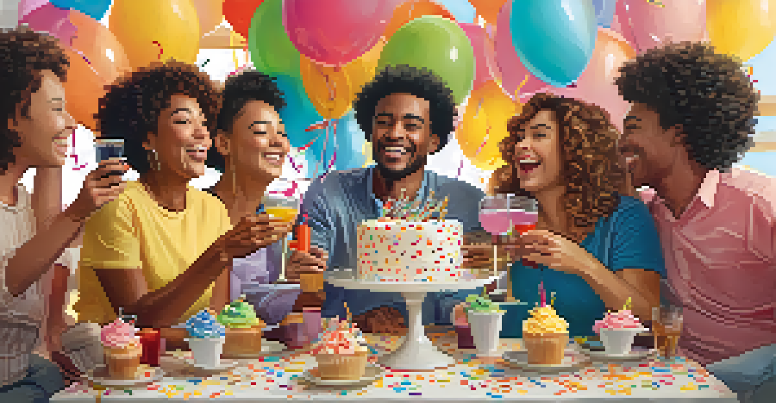 A group of friends celebrating with cupcakes and a toast, surrounded by balloons, highlighting the joy of milestones.