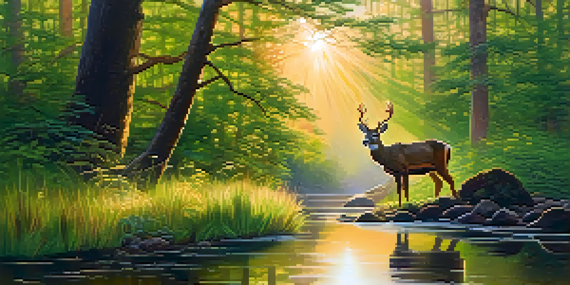 A peaceful forest at sunset with a deer grazing by a reflective stream.