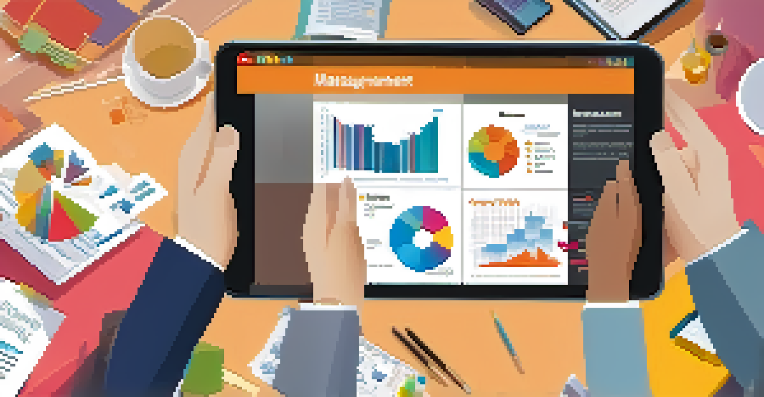 Close-up of hands holding a tablet with an infographic about change management strategies in a blurred office.