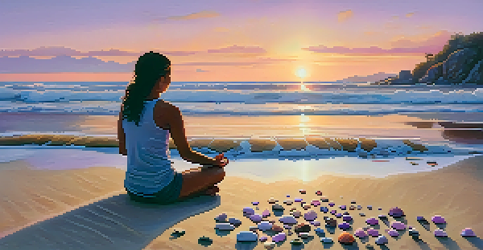 A person meditating on a beach at sunset, surrounded by seashells and a colorful sky.