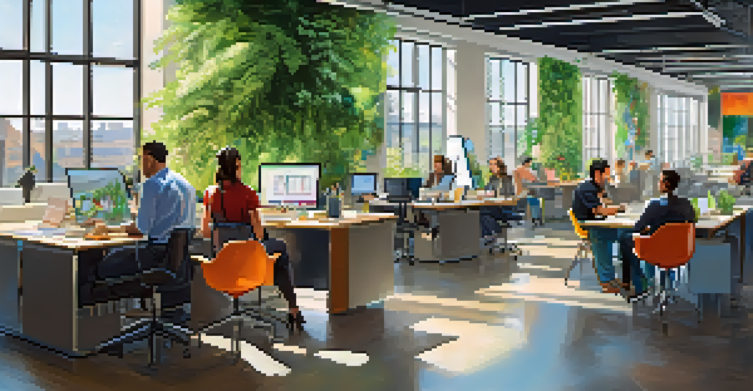 An open workspace filled with employees engaged in conversations and focused work, surrounded by colorful decor and plants.