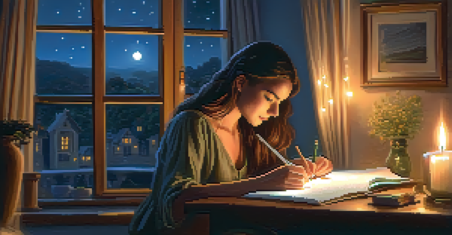 A person journaling by candlelight in a dimly lit room with twinkling fairy lights in the background.