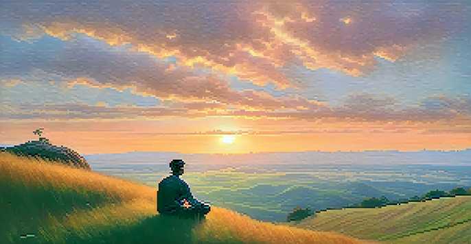 A person journaling on a grassy hilltop at sunset, with warm colors in the sky and a serene atmosphere.