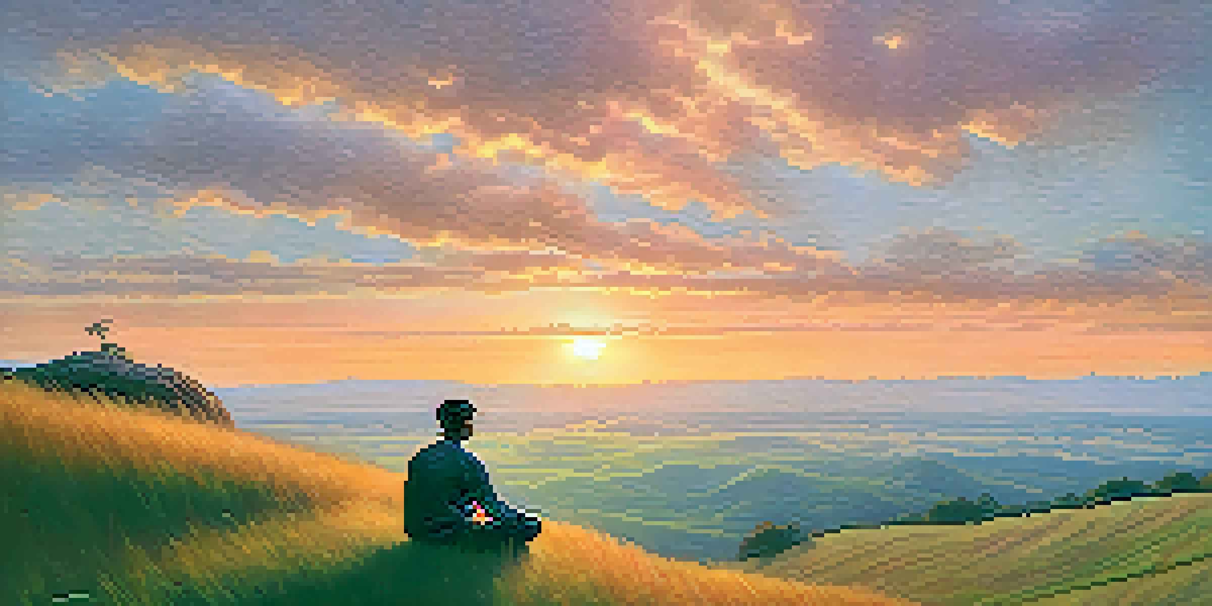 A person journaling on a grassy hilltop at sunset, with warm colors in the sky and a serene atmosphere.
