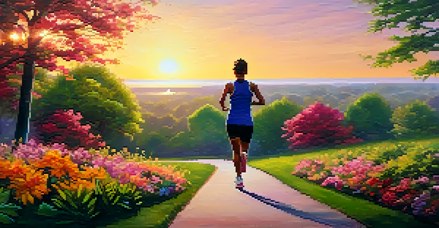A person jogging in a park at sunrise, surrounded by greenery and vibrant flowers, exuding energy and focus.