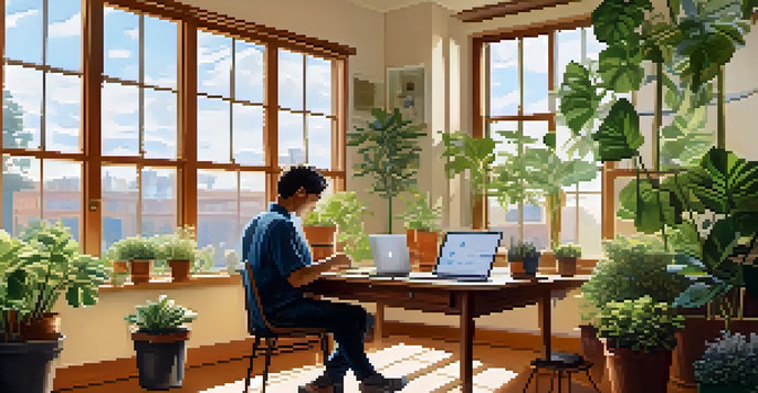 A person at a desk working on a laptop, surrounded by plants and sunlight, with notebooks and a piggy bank, representing financial planning.