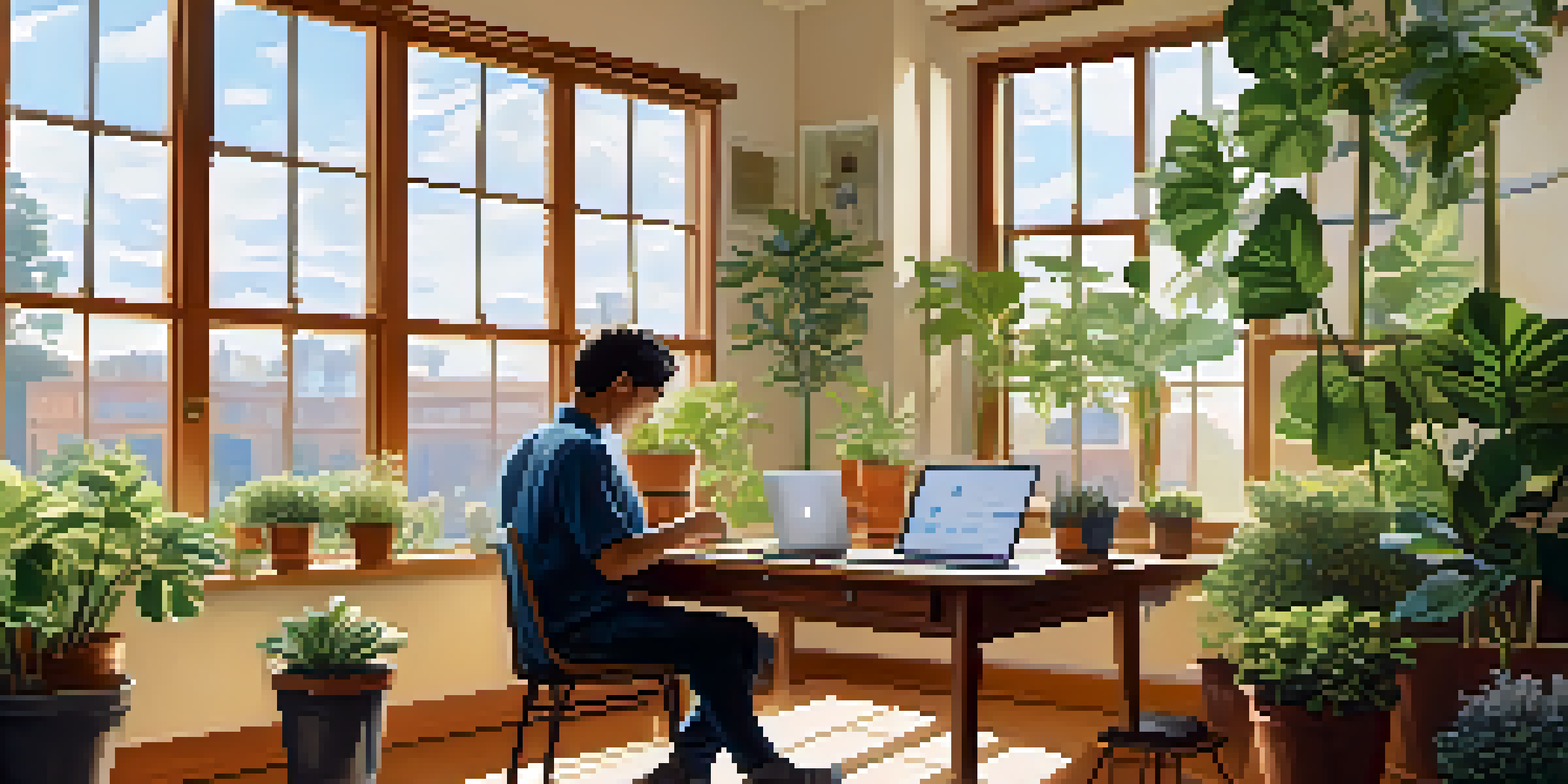 A person at a desk working on a laptop, surrounded by plants and sunlight, with notebooks and a piggy bank, representing financial planning.