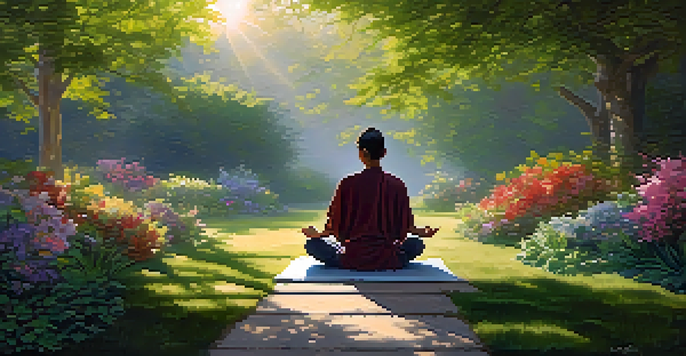 A person meditating in a tranquil garden at dawn surrounded by flowers and greenery.