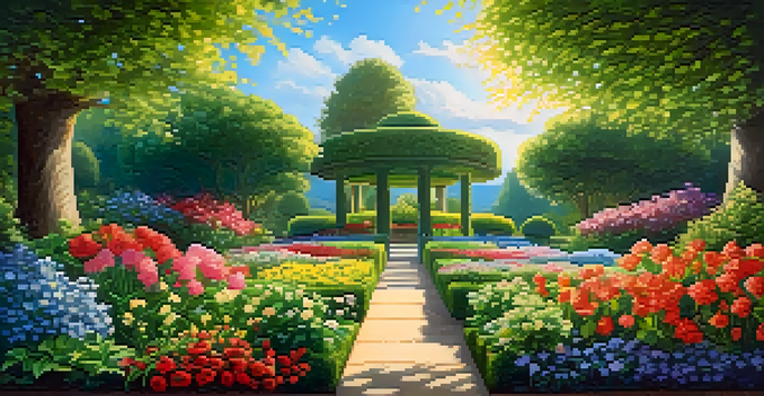 A bright and colorful garden with blooming flowers and lush greenery under a clear blue sky, representing growth and positivity.