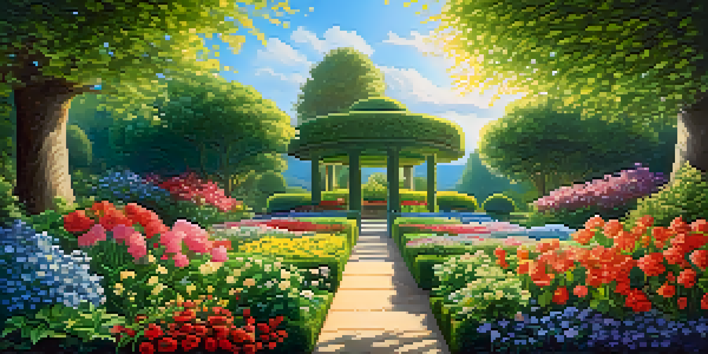 A bright and colorful garden with blooming flowers and lush greenery under a clear blue sky, representing growth and positivity.