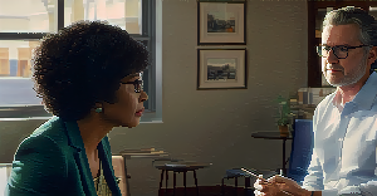 A leader listening empathetically to an employee in a cozy office, showcasing engaged expressions.