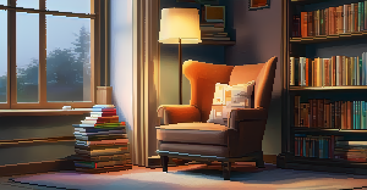 An inviting study corner with a plush armchair, a side table with a cup of coffee, and a bookshelf filled with colorful books, illuminated by a warm lamp.