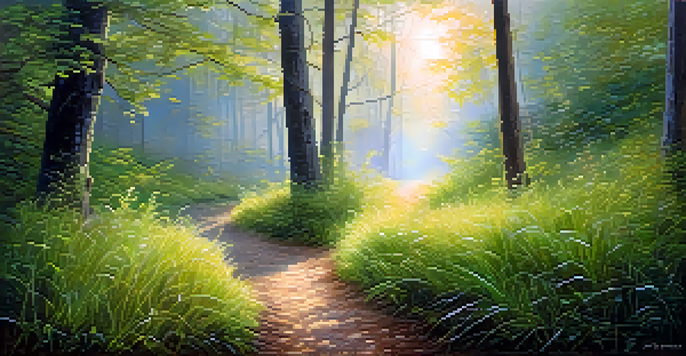 A peaceful forest path at dawn with sunlight filtering through the trees and a misty atmosphere.