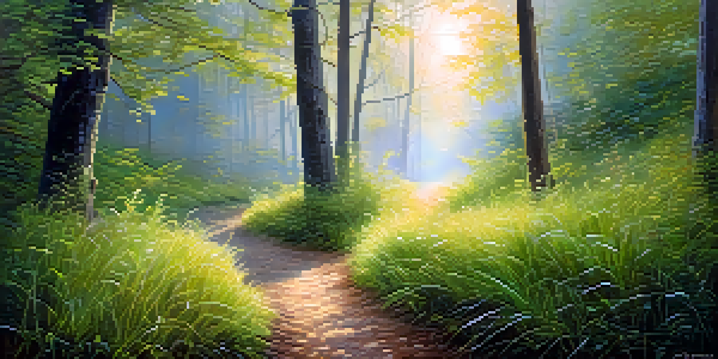 A peaceful forest path at dawn with sunlight filtering through the trees and a misty atmosphere.