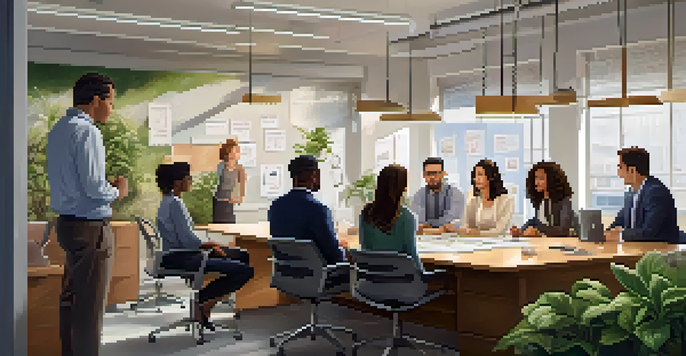 A bright office space with diverse team members discussing ideas around a table, surrounded by plants and inspirational quotes.