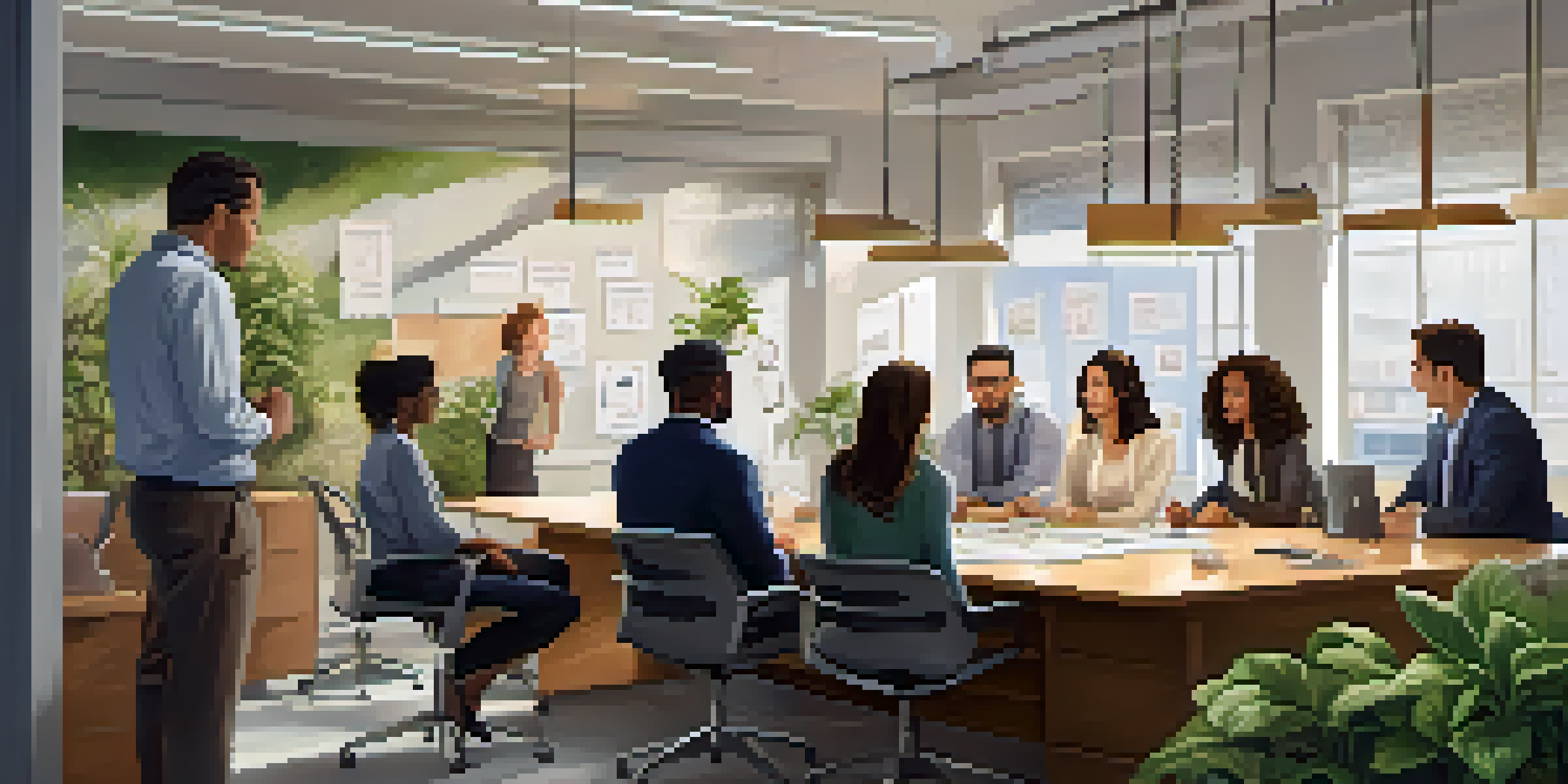 A bright office space with diverse team members discussing ideas around a table, surrounded by plants and inspirational quotes.