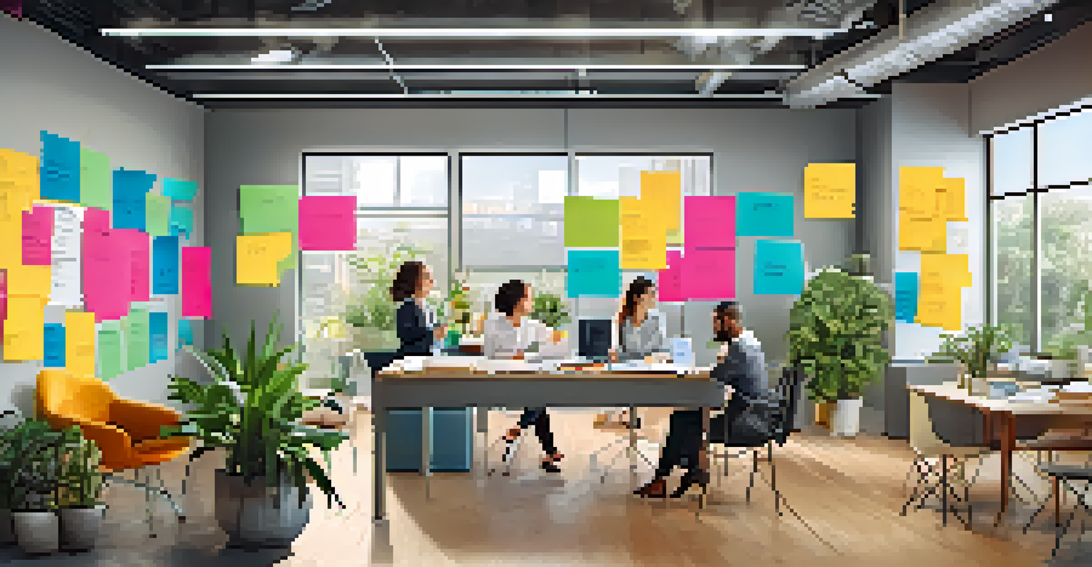 Team members actively brainstorming in a colorful open office space, surrounded by sticky notes and diagrams.