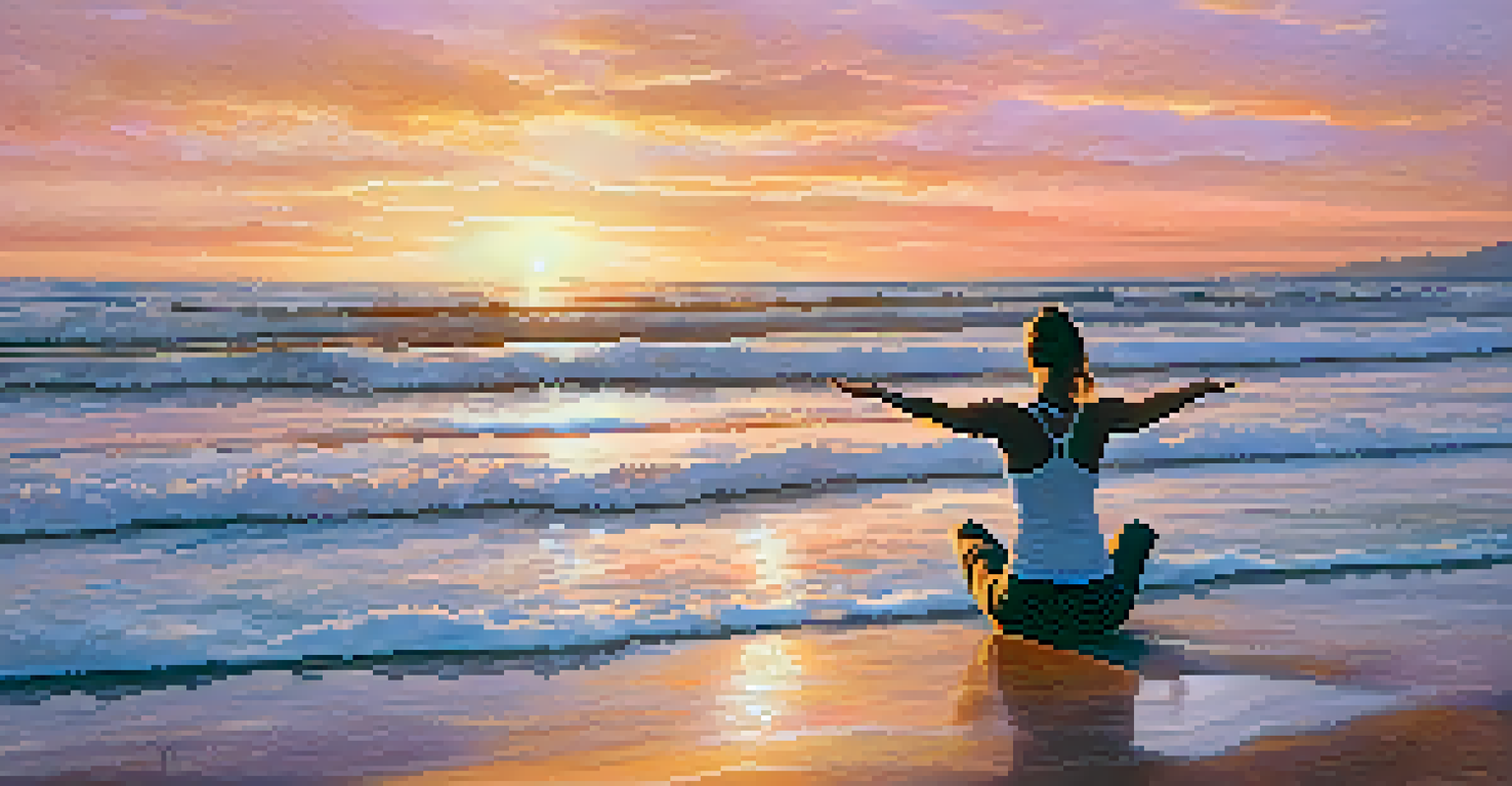 A person practicing yoga on a beach at sunset, with warm colors in the sky and gentle waves around them.