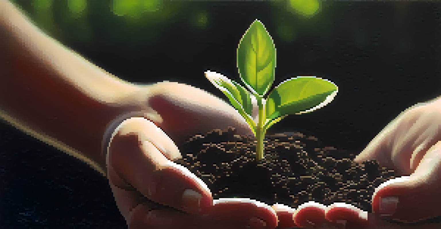 Close-up of hands holding a small green plant sprouting from dark soil, with sunlight shining through.