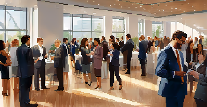 A bustling professional networking event with people engaging in conversations and exchanging business cards in a well-lit conference hall.