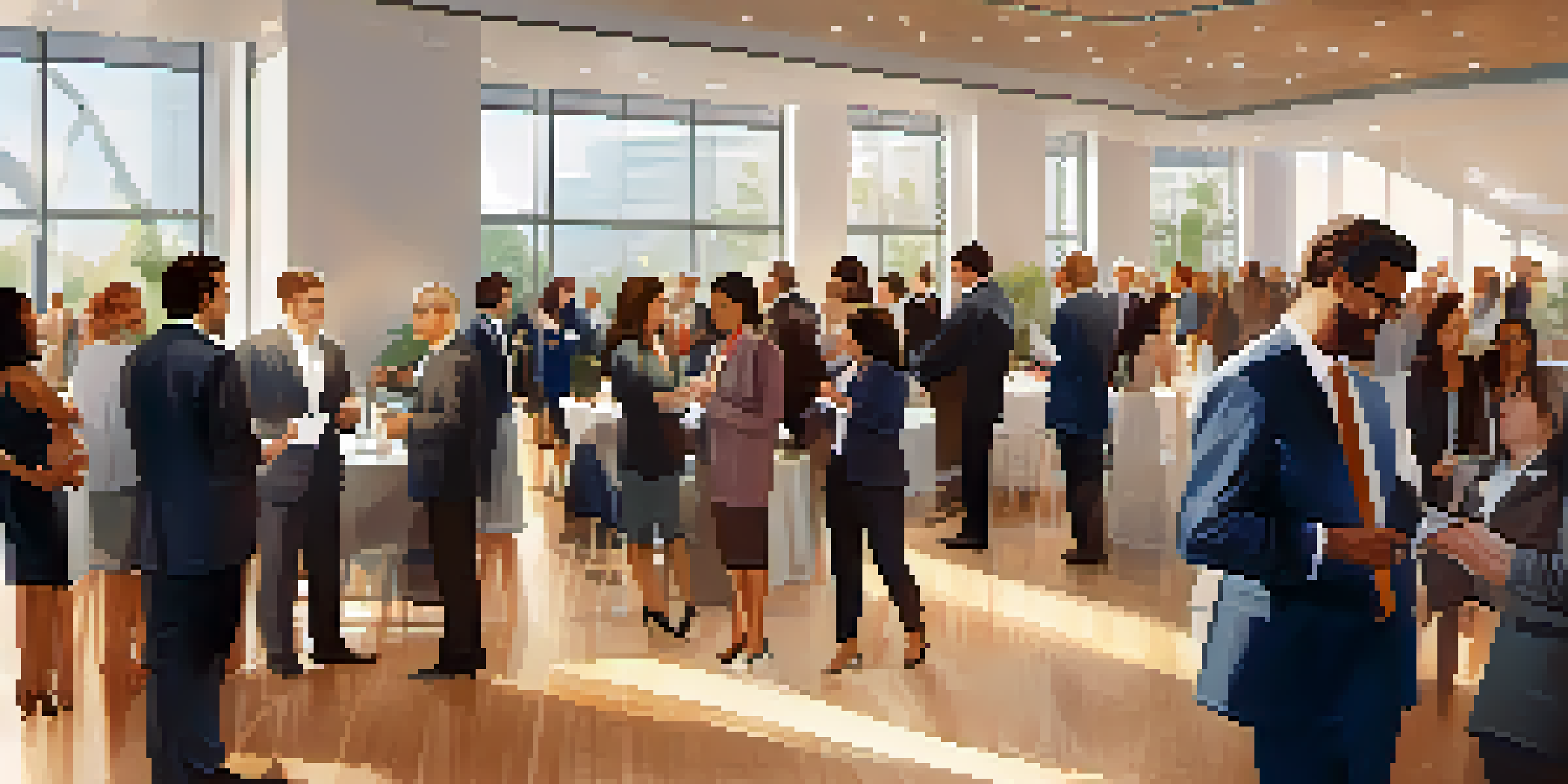 A bustling professional networking event with people engaging in conversations and exchanging business cards in a well-lit conference hall.