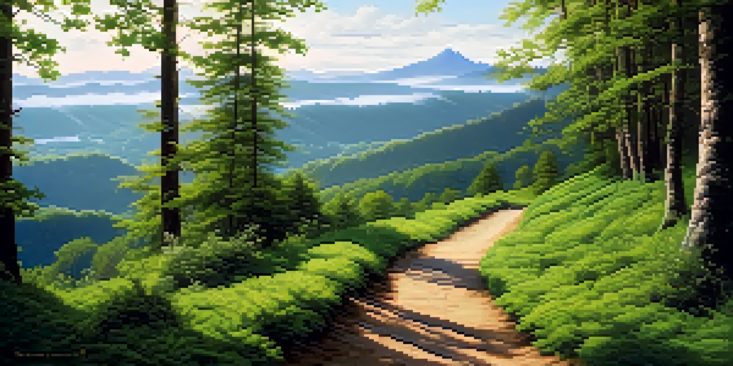A peaceful forest path with sunlight peeking through the trees, leading to mountains in the background.
