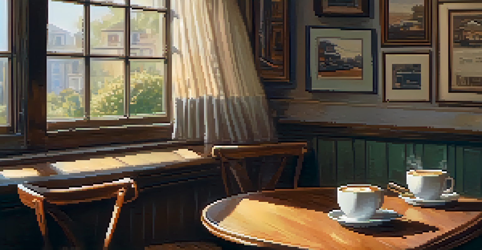 A cozy coffee shop corner with a table set for two, coffee, and a journal.
