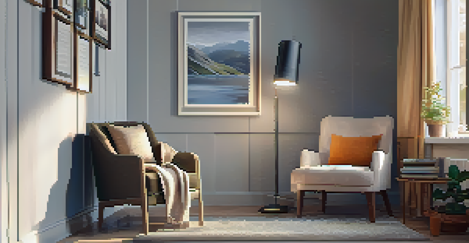 A cozy reading nook with an armchair, side table stacked with books, and a warm lamp, creating a tranquil reading environment.