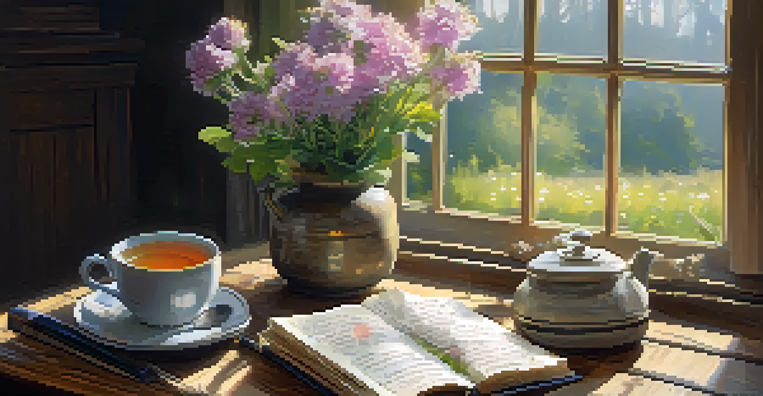 An open journal with handwritten gratitude notes and a cup of tea beside it, illuminated by soft morning light for a warm ambiance.