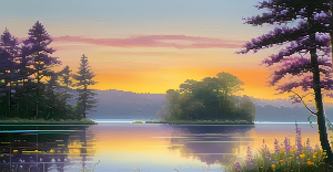 A peaceful sunrise over a calm lake with mist, vibrant wildflowers in the foreground, and a silhouette of a tree on the left.