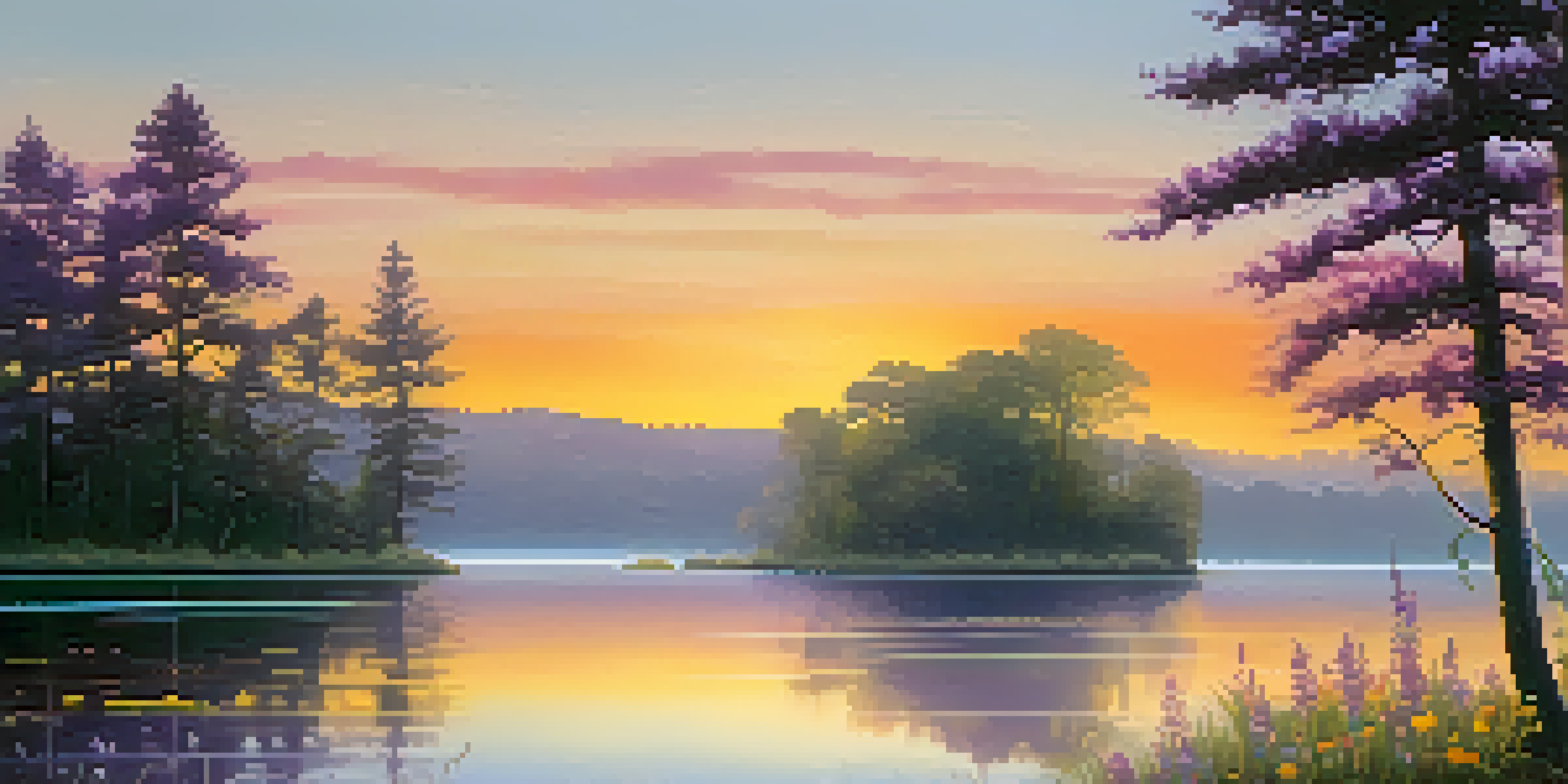 A peaceful sunrise over a calm lake with mist, vibrant wildflowers in the foreground, and a silhouette of a tree on the left.
