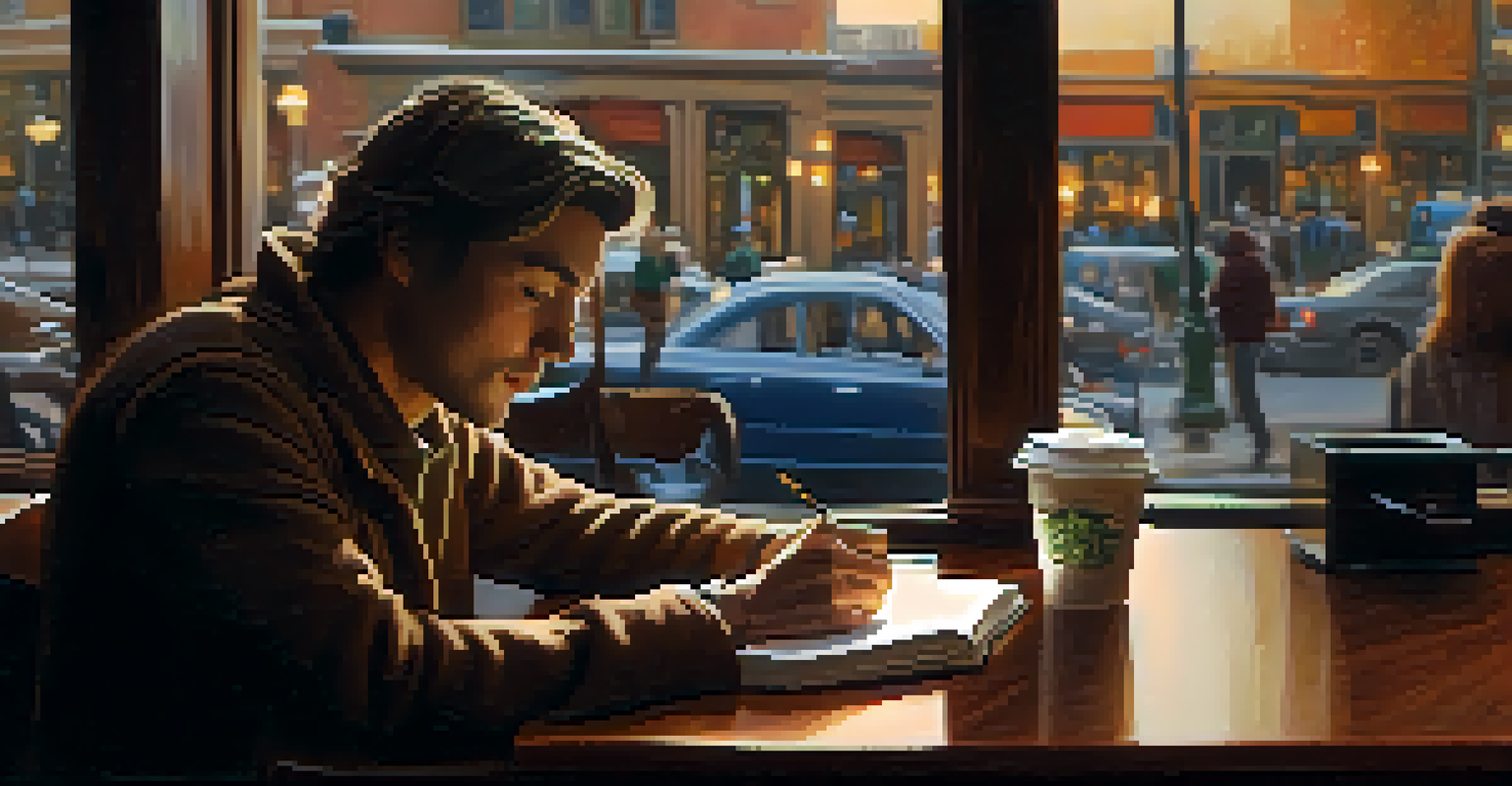 A person journaling in a cozy coffee shop with a cup of coffee, looking focused and introspective.