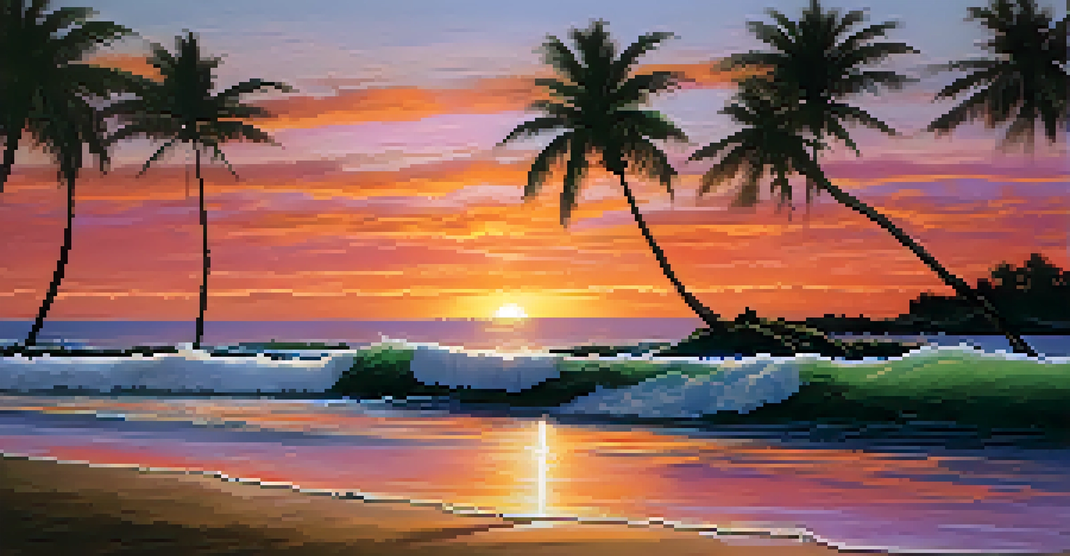 A stunning sunset over the ocean with palm trees silhouetted against the colorful sky.